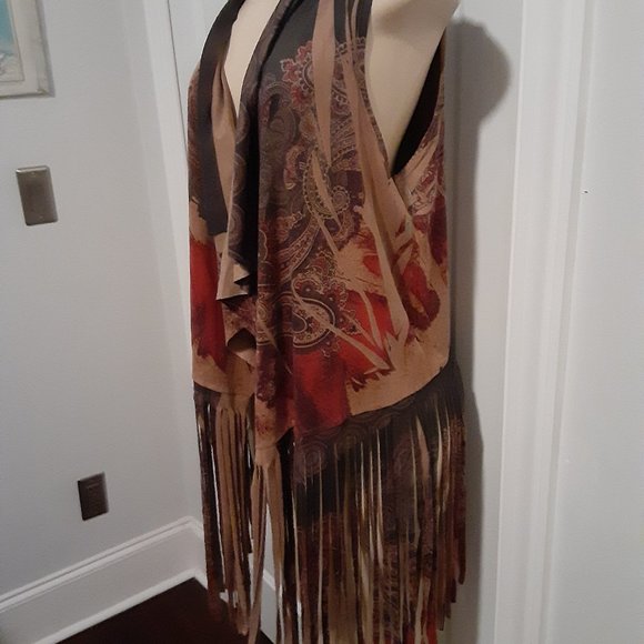 Black Bead Sweaters - Black Bead Boho Fringed Southwest Inspired Brown and Red Shrug Vest Faux Suede